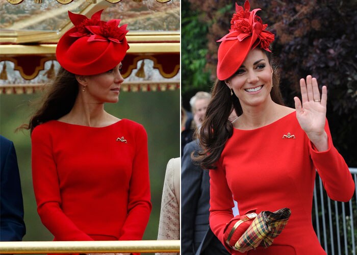 The Duchess of Cambridge, stole the show in June again as Queen Elizabeth II led a motley but majestic flotilla of more than 1,000 vessels in a waterborne pageant to mark her Diamond Jubilee on the River Thames in London. <br><Br>

Kate wore a vibrant red Alexander McQueen dress. She topped it off with a red maple leaf hat by Sylvia Fletcher.