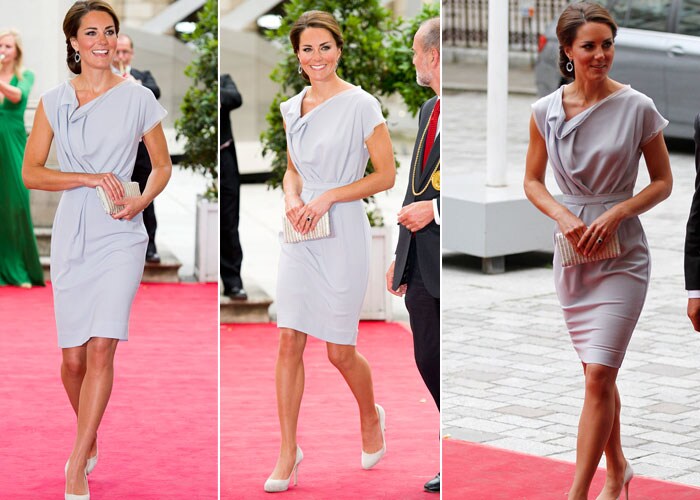 Kate Middleton made a spectacular solo appearance at the UK Creative Industries reception hosted by the British Government in July 2012. She smiled serenely in an elegant pale grey dress by designer Roksanda Ilincic.<bR><br>She was classic and understated, a side-chignon and earrings by Kiki McDonough completed her polished appearance.