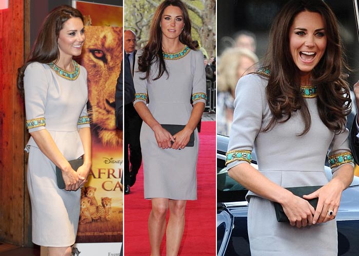 In April 2012, Prince William and Kate were guests of honour at the UK premiere of Disneynature's African Cats.<br><br>

Kate was stunning in a stone grey turquoise encrusted Matthew Williamson peplum dress.