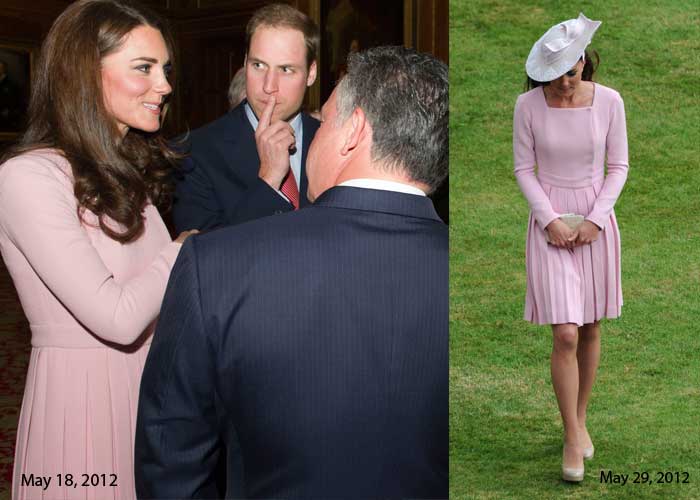 Catherine, Duchess of Cambridge, attended the Buckingham Palace garden party on May 29, 2012 wearing the same pleated Emilia Wickstead dress that she wore just 11 days ago, on May 18, for the Royal Sovereign's lunch in honour of the Queen's Jubilee at Windsor Castle.<br><br> This time Kate added a pink Jane Corbett hat, pearl earrings and her favourite nude pumps.