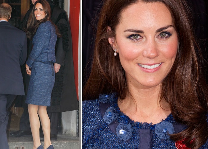 Kate Middleton glowed in her indigo tweed Rebecca Taylor suit. The pearl earring and the red brooch looked classy on her.