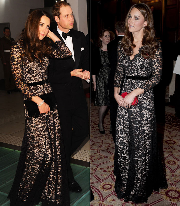 The Duchess of Cambridge wore the same lace gown at the red carpet at the UK premiere of Steven Spielberg's movie <i>War Horse</i> in January 2012 (see image on the left). <bR><Br>But this time Kate decided to add a dash of colour to her look by carrying bright red box-clutch bag. At the premiere, she was carrying a black clutch.