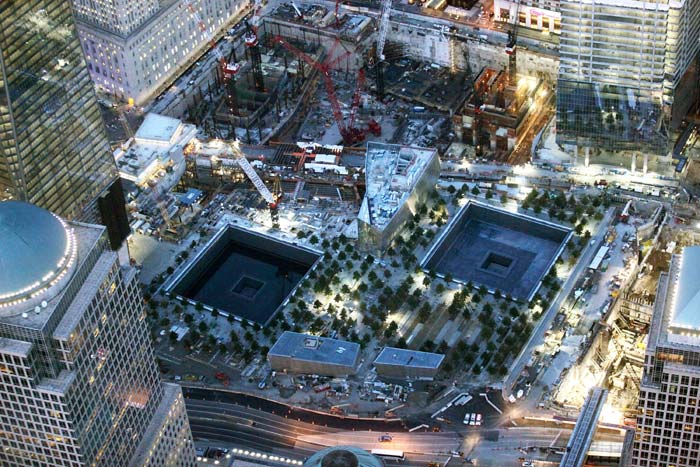 The memorial footprints of the twin towers are seen on August 12, 2011 in New York City.(AFP Photo)