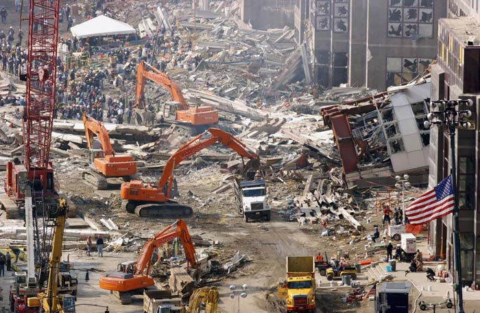 This picture shows the aftermath of 9/11. Dump trucks and cranes worked overtime to clear wreckage amounting to hundreds of thousands of tonnes.(AFP Photo)