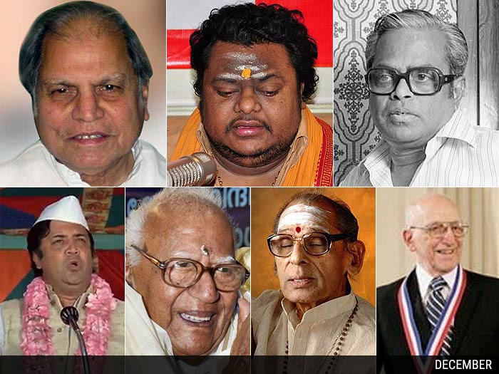 (From L - R) AR Antulay - Politician, 1929 - December 2, 2014 <br />
Chakri - Music Director, 1974 - December 15, 2014<br />
Deven Verma - Actor, 1937 - December 2, 2014<br />
VR Krishna Iyer - Judge, 1915 - December 4, 2014 <br />
Nedunuri Krishnamurthy - Carnatic Vocalist, 1927 - December 8, 2014<br />
Ralph H. Baer - American Video Game Pioneer, Inventor and Engineer, 1922 - December 6, 2014<br />
K Balachander - Filmmaker, 1930 - December 23, 2014