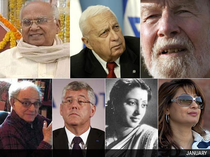 (From L - R) Akkineni Nageswara Rao - Actor, 1923 - January 22, 2014 <br />
Ariel Sharon - Former Prime Minister of Israel, 1928 - January 11, 2014<br />
Karl Slym - Tata Motors Managing Director, 1962 - January 26, 2014<br />
Pete Seeger - Folk Singer, 1919 - January 27, 2014<br />
John G. Cleary - Computer Scientist, 1950 - January 16, 2014<br />
Robert Resnick - American Physicist, 1923 - January 29, 2014<br />
Suchitra Sen - Actress, 1931 - January 17, 2014<br />
Sunanda Pushkar Tharoor - 1962 - January 17, 2014