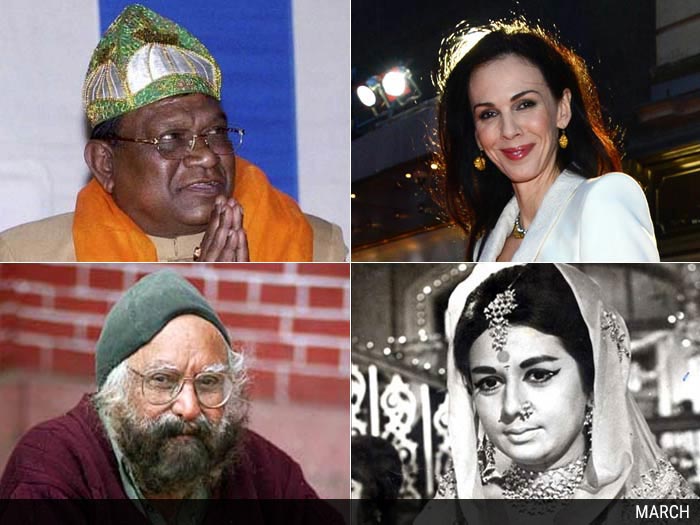 (From L - R) Bangaru Laxman - Politician, 1939 -  March 1, 2014<br />
L'Wren Scott - Designer, 1964 - March 17, 2014<br />
Khushwant Singh - Novelist, 1915 - March 20, 2014<br />
Nanda - Actress, 1939 - March 25, 2014