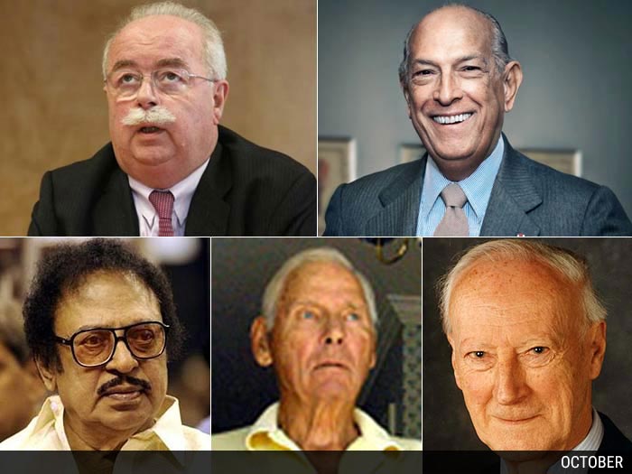 (From L - R) Christophe de Margerie - Total CEO, 1951 - October 20, 2014 <br />
Oscar de la Renta - Designer, 1932 - October 20, 2014<br />
S S Rajendran - Actor, 1928 - October 24, 2014<br />
Warren Anderson - Businessman, 1921 - September 29, 2014 <br />
John Westcott - British Computer Scientist, 1920 - October 10, 2014