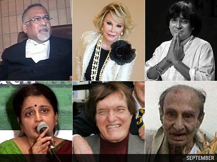 (From L - R) Goolam Vahanvati - 13th Attorney General of India, 1949 - September 2, 2014<br />
Joan Rivers - Actress and TV Personality, 1933 - September 4, 2014<br />
Mandolin Srinivas - Musician, 1969 - September 19, 2014<br />
Kavita Karkare - Widow of Former Maharashtra Anti-Terror Squad Chief Hemant Karkare, 1957 - September 29 2014<br />
Richard Kiel - Actor, 1939 - September 10, 2014  <br />
Anandji Dossa - Cricket Statistician, 1916 - September 23, 2014<br />
Mary T Clark - 1913 - September 1, 2014