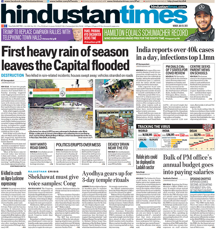 At least two people drowned in separate incidents as showers that lashed Delhi on Sunday morning triggered water-logging in several low-lying areas, stranded commuters and vehicles on flooded roads, and washed away several structures with storm water drains overflowing in the wake of the first spell of heavy rains in the national capital this monsoon.