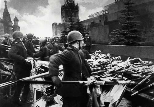 <span class="lh16 fa fs12 fb">Picture released in June 1981 by Soviet press agency Fotokhronika Tass with a caption reading: &quot;Nazi standards and banners thrown on the ground in front of Lenin mausoleum during the Victory Parade in the Red Square June 24, 1945&quot;.&lt;br&gt;&lt;br&gt;Hitler's Germany invaded the Soviet Union 22 June 1941. In April 1944, the USSR retook Odessa, German troops surrendered in the Crimea in May and in July the Red Army retook Minsk. 02 May 1945 Soviet troops completed the capture of Berlin. WWII in Europe was over. (AFP Photo)</span>