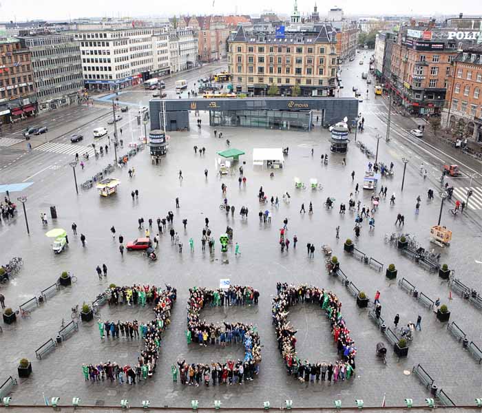 Some 300 people gathered on the City Hall Square in Copenhagen on Saturday to form the logo of the 350 campaign.<br />
<br />
The 350 ppm (parts per million) carbon dioxide was the amount of the gas identified by the scientists as upper limit in the atmosphere to arrest global warming effects. (AFP)