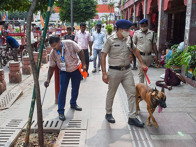 स्वतंत्रता दिवस समारोह को देखते हुए बम डिटेक्शन एंड डिस्पोजल स्क्वॉड फोर्स ने खोजी कुत्तों के साथ लाल किले के पास निरीक्षण किया. (फोटो: पीटीआई)