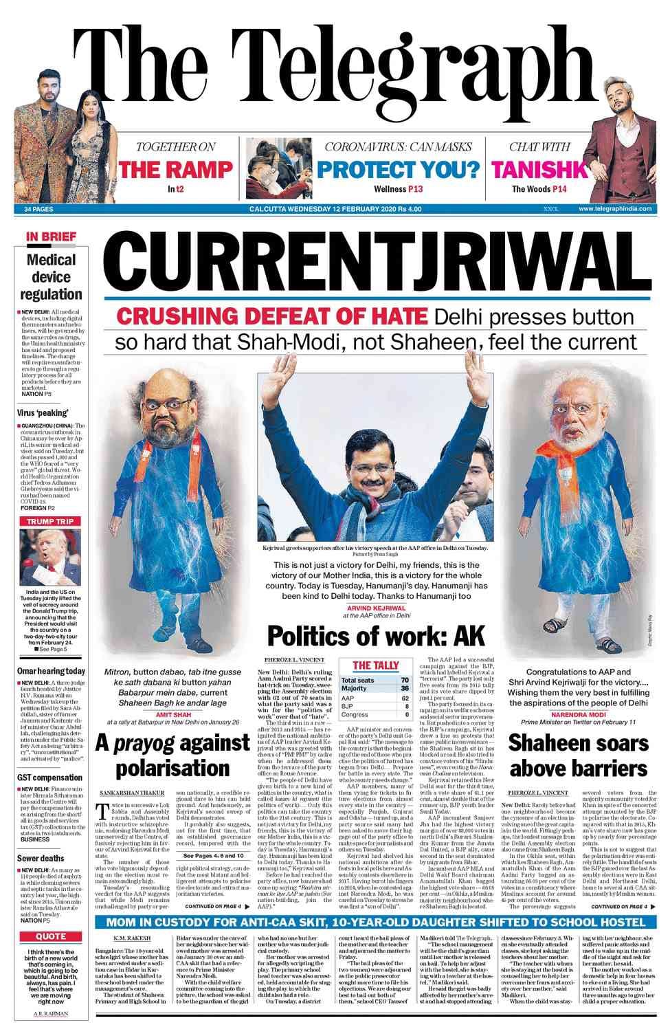 <b>The Telegraph</b>: The Aam Aadmi Party swept rivals away in the 2020 Delhi Assembly elections bagging 62 of the total 70 seats in results declared on Tuesday for a third term for Chief Minister Arvind Kejriwal. The 10-year-old school girl whose mother has been arrested for a school play critical of the contentious citizenship law, has been sent to the school hostel under the management's care.