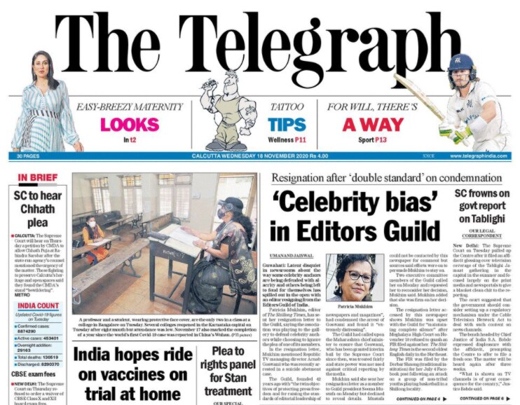 The Telegraph published the story of expert comments on Moderna and Pfizer vaccines as its lead story. "India hopes ride on vaccines on trial at home," the Telegraph headline read.