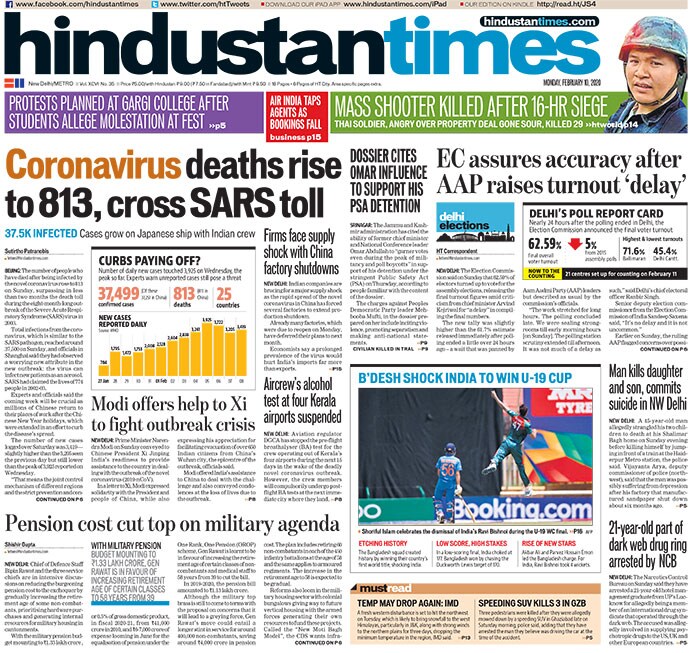 <b>HindustanTimes</b>: The dossier by the Jammu and Kashmir administration cities the former state chief minister Omar Abdullah capable of "garnering votes even during the peak of militancy and poll boycotts" in support of his detention under the stringent Public Safety Act (PSA). Aam Aadmi Party chief Arvind Kejriwal has criticised the Election Commission for "a delay" in compiling the final numbers. The number of people who have died after being infected by the novel coronavirus rose to 813 on Sunday, surpassing in less than two months the death toll during the eight-month-long outbreak of the Severe Acute Respiratory Syndrome (SARS) virus in 2003.