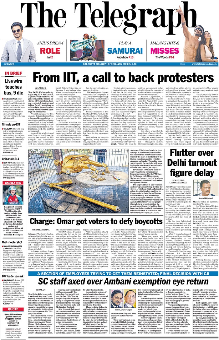 <b>Telegraph</b>: Delhi Chief Minister Arvind Kejriwal on Sunday said that the delay by the Election Commission in releasing the final voter turnout after the assembly polls held on Saturday was "absolutely shocking". Former chief minister Omar Abdullah's "considerable influence" over people, including the ability to attract voters to polling booths despite poll boycott calls and the potential for channelling energies of public for any cause, has been cited in support of his detention under the stringent Public Safety Act (PSA).