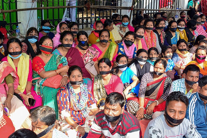 Teachers stage a demonstration against the Centre demanding jobs, in Agartala.