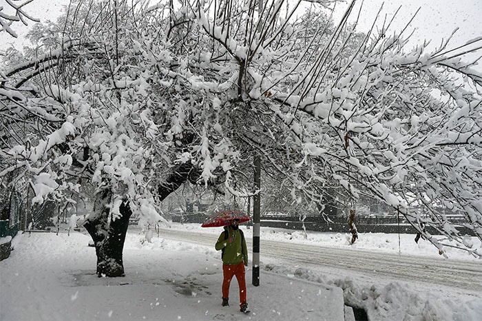 pedestrian holding an umbrella walks on a snow-covered pavement during heavy snowfall, in Srinagar.