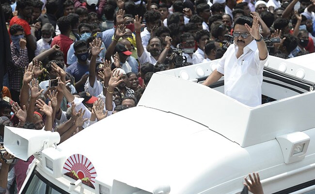 DMK President MK Stalin gestures during an election campaign rally in Tamil Nadu.