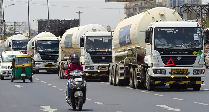 Tankers with medical oxygen gas for COVID-19 patients, amid a shortage of gas in many parts of the country due to surge in coronavirus cases, in Ghaziabad.