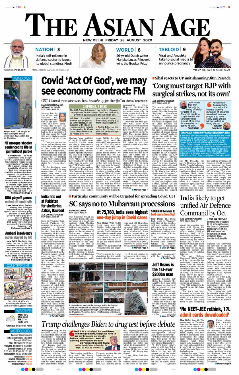 After the Congress Working Committee (CWC) meeting on Monday, party unit in Uttar Pradesh demanded action against all the letter writers, with the special mention of former Union minister Jitin Prasada, it seems the split in the Congress may run deeper, The Asian Age reported. Refusing permission for Muharram processions in the country over the weekend, the Supreme Court  said it would lead to chaos and "one particular community will be targeted" for spreading the coronavirus.