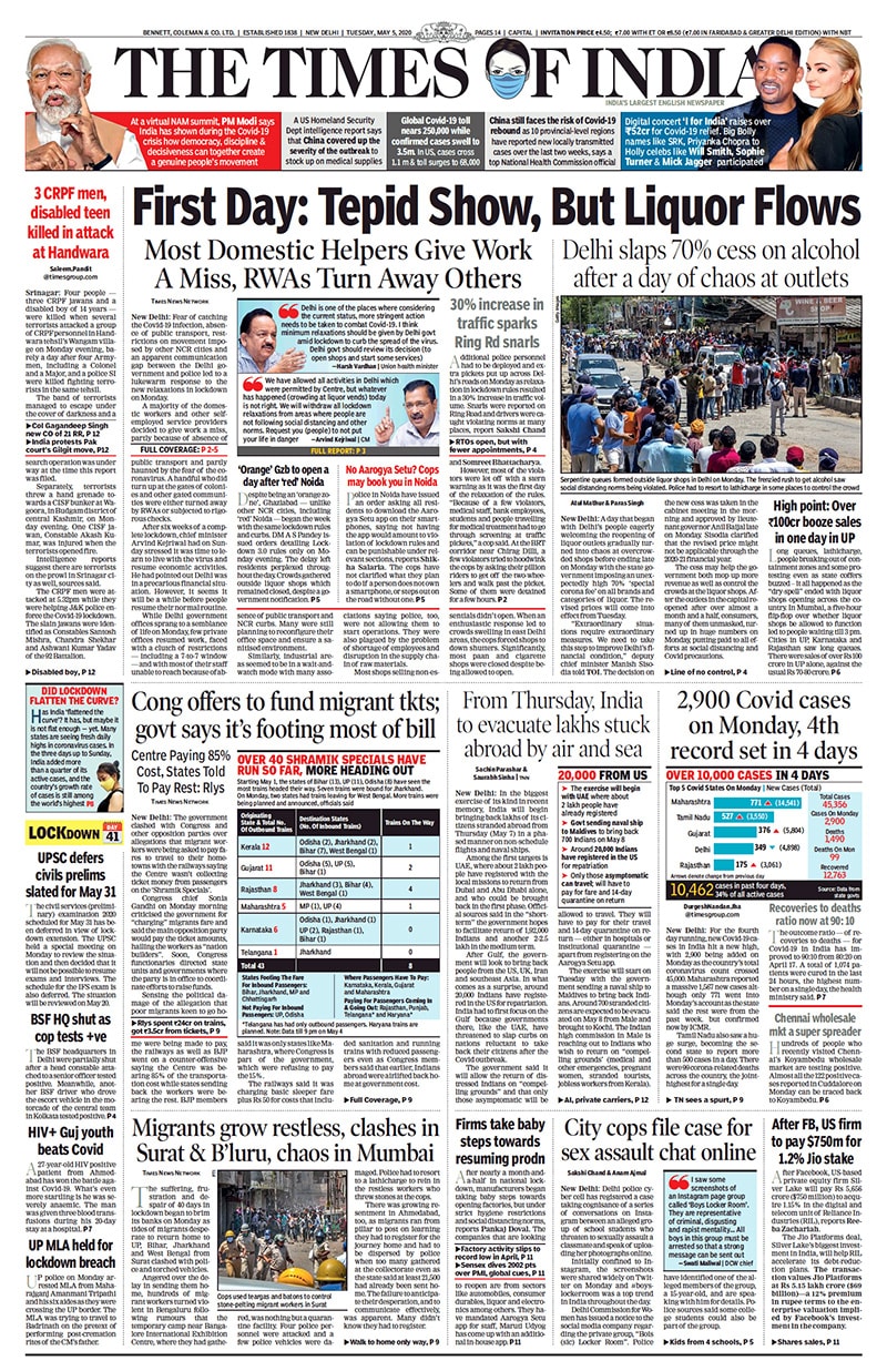 <B>The Times Of India</B> is leading with the new relaxations in the lockdown saw a mix response on its first day in Delhi. The government clashed with Congress and other opposition parties over allegations that migrant workers were being asked to pay fares to travel to their hometowns with the railways saying the Centre wasn't collecting ticket money from passengers on the 'Shramik Specials'.