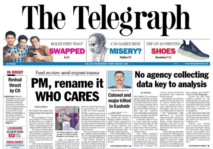 <B>The Telegraph</B> is leading with the railways charging migrants an additional Rs 50 to ferry them back to their homes. No government agency in India has even started collating the clinical details of patients with severe coronavirus disease, without which any meaningful analysis of the disease's features is impossible and the country's Covid-19 deaths remain mere statistics.