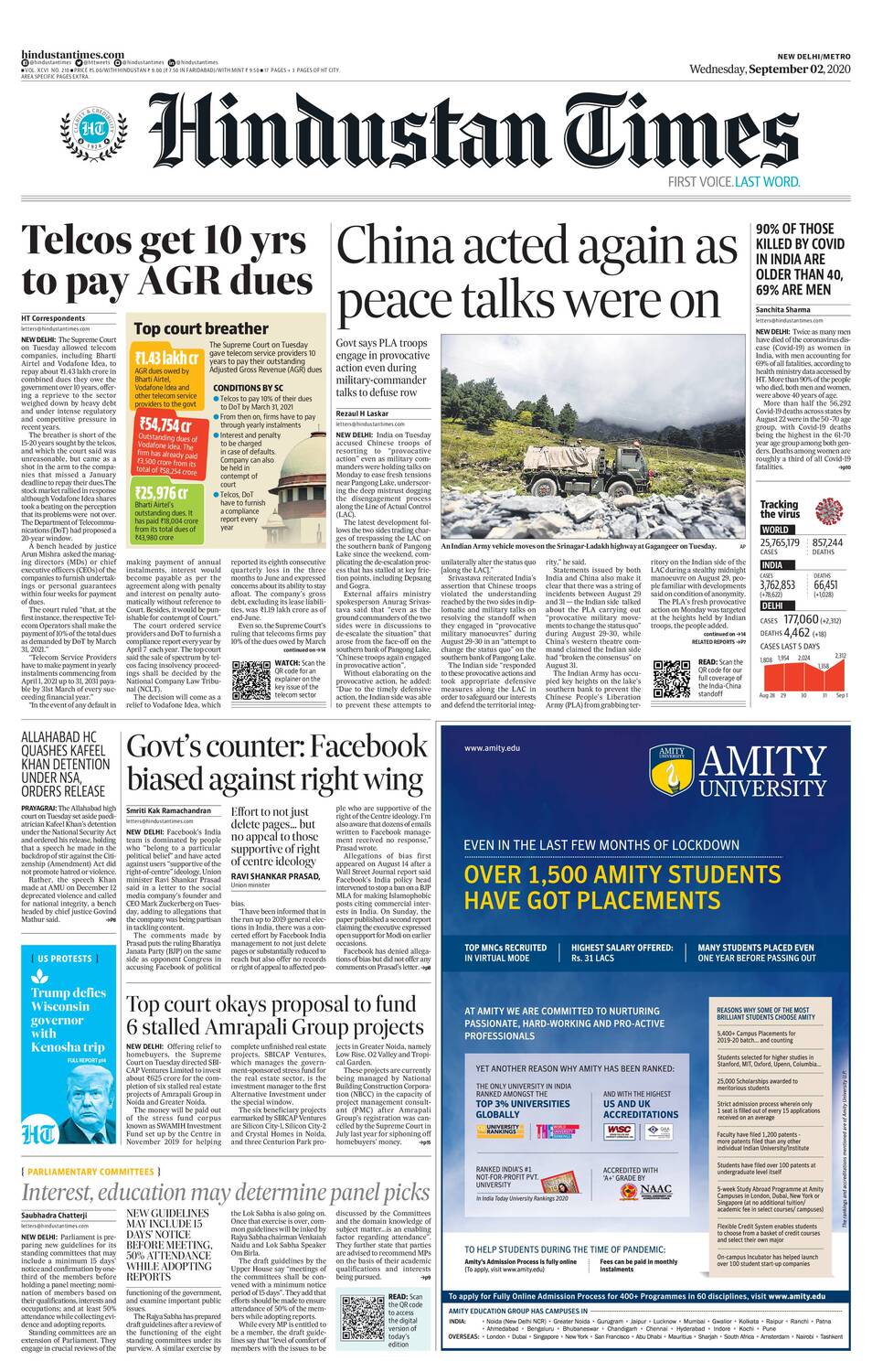 India on Tuesday accused Chinese troops of resorting to "provocative action" even as military commanders were holding talks on Monday to ease fresh tensions near Pangong Lake, underscoring the deep mistrust dogging the disengagement process along the Line of Actual Control (LAC).  The Supreme Court on Tuesday allowed telecom companies, including Bharti Airtel and Vodafone Idea, to repay about Rs 1.43 lakh crore in combined dues they owe the government over 10 years, offering a reprieve to the sector weighed down by heavy debt and under intense regulatory and competitive pressure in recent years.