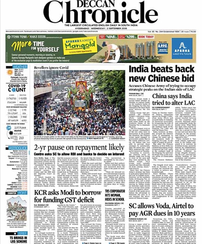 China on Tuesday rejected India's allegation against the People's Liberation Army (PLA) and accused of violating its territorial sovereignty by trespassing the Line of Actual Control (LAC) at southern bank of the Pangong Tso Lake and near the Reqin Pass. The central government on Tuesday informed Supreme Court that loan moratorium period can be extended by two years as per the RBI's circular.