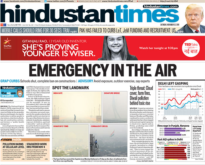 Cloud cover, farm fires, Diwali pollution behind deteriorating air quality and Delhi schools to remain shut due to pollution are the big stories on Hindustan Times.