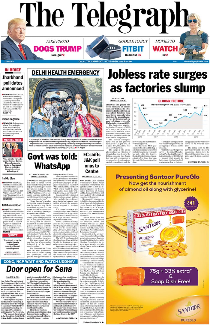 Delhi health emergency, surge in unemployment rate, Maharashtra government formation and WhatsApp snooping row are the big headlines on The Telegraph.