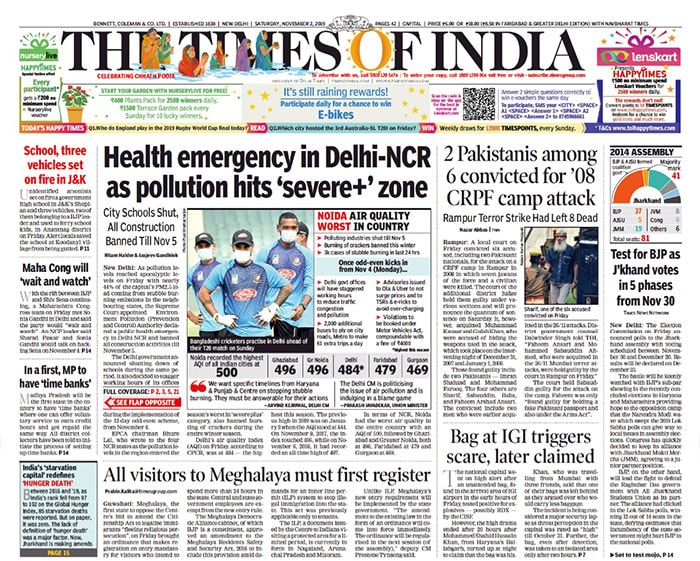 Deteriorating air quality, CRPF camp attack, bomb scare at Delhi international airport and Jharkhand poll dates are the big news on The Times Of India.