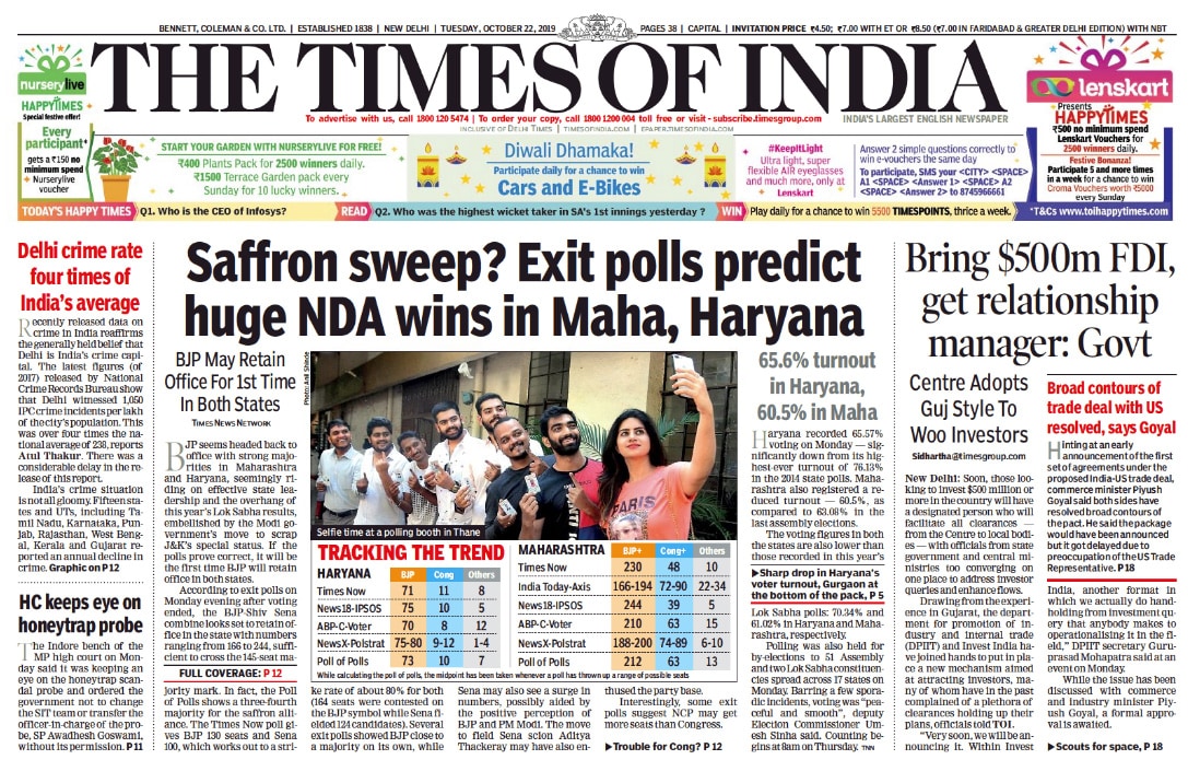 Times of India: Times of India also headlined with exit polls story as lead with the headline - "Saffron sweep?". Other news stories include a story on FDI investment and Delhi crime rate.