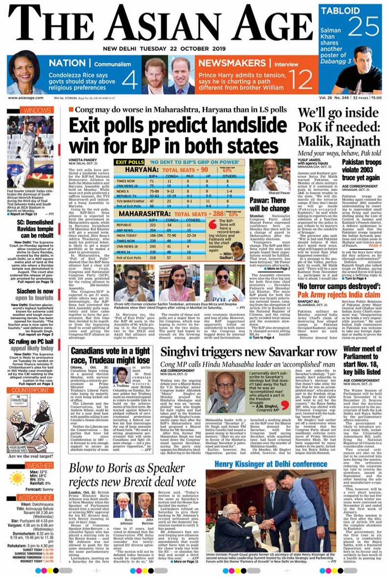 Asian Age: Exit poll analysis is the lead story on Asian Age. Other top news stories include India's warning to Pakistan over terror groups, Canada elections and the update on the Brexit deal.