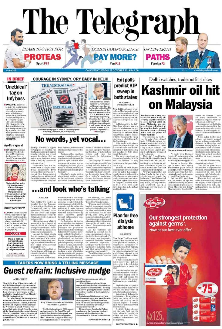 Telegraph: Lead story on Telegraph was Sydney withdrawing first page of their newspaper calling for press freedom with the headline - "No words, yet vocal...". Other stories include the Exit polls and a story on trade outfit strikes.