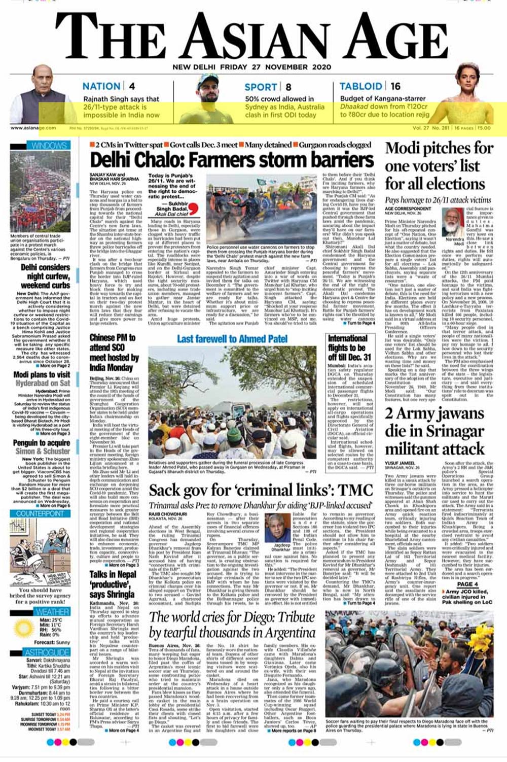 The Haryana police on Thursday used water canons and teargas in a bid to stop thousands of farmers from Punjab from proceeding towards the national capital for their "Dehi Chalo" march against the Centre's new farm laws.