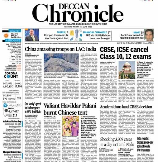 The Deccan Chronicle also covered foreign ministry's statement on amassing of Chinese troops alongside Line of Actual Control as its lead story. "China amassing troops on LAC," Deccan Chronicle headlined its front page lead.