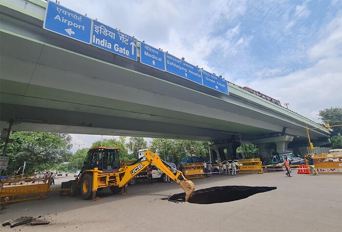 Huge Chunk Of Road Caves In Under IIT Delhi Flyover