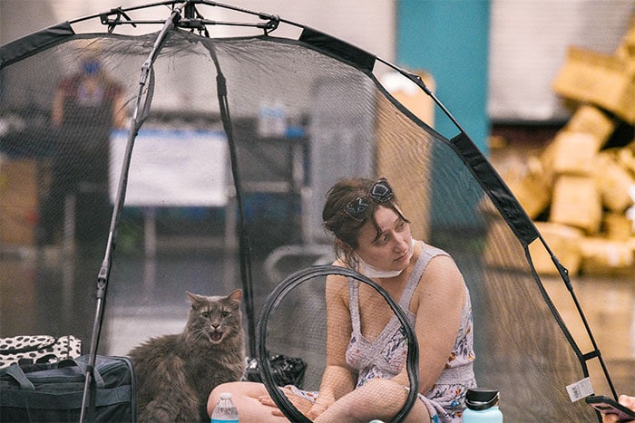 A woman and her cat rest inside a tent at the Oregon Convention Center cooling station in Oregon, Portland.