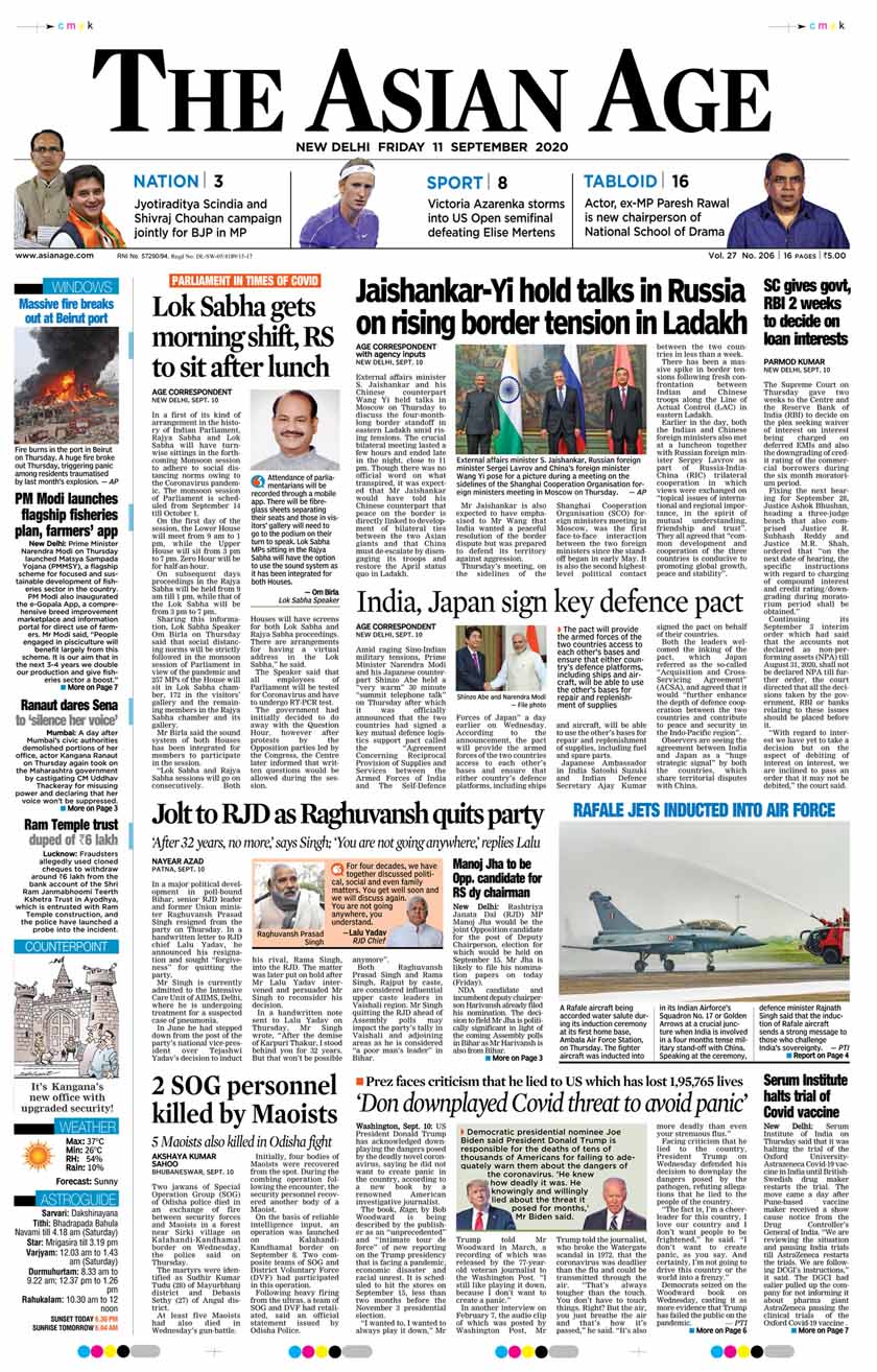 In first of its kind of arrangement in the history of Indian Parliament, Rajya Sabha and Lok Sabha will have turn wise sittings in the forthcoming Monsoon session to adhere to social distancing norms owing to the coronavirus pandemic. The monsoon session of the Parliament is scheduled from September 14 till October 1. The Supreme Court on Thursday gave two weeks to the Centre and the Reserve Bank of India (RBI) to decide on the plea seeking waiver of interest on being charged on deferred EMIs and also the downgrading of credit rating of the commercial borrowers during the six month moratorium period.