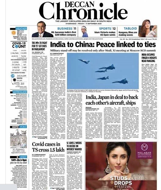 Amid raging India-China border tensions, Prime Minister Narendra Modi and his Japanese counterpart Shinzo Abe held a "very warm" 30 minute "summit telephone talk" on Thursday after it was officially announced that two countries had signed a key mutual defence logistics support pact called the "Agreement Concerning Reciprocal Provision Of Supplies and Services between the Armed Forces of India and The Self-Defence Forces of Japan" a day earlier on Wednesday. Chief Minister K Chandrashekar Rao has instructed TRS MPs to be combative with the Centre during the monsoon session of Parliament to secure the state's pending demands and the state's legitimate share of GST monies, Deccan Chronicle reported.