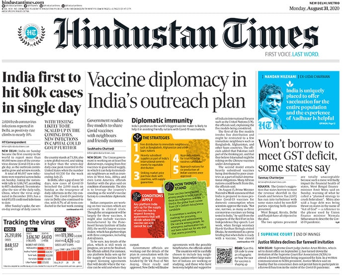 India on Sunday became the first country in the world to report more than 80,000 new cases of the coronavirus in a single day, as the outbreak continued to grow and set new records, Hindustan Times reported. The Union government is working on at least five distinct ways, ranging from free vaccines to guaranteed supply, in which it can help its immediate neighbours as well as countries in West Asia, Africa and even Latin America, officials familiar with the plan said on condition of anonymity.