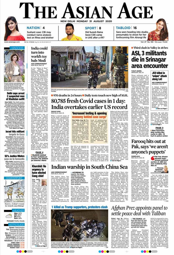 With a record surge of 80,785 fresh coronavirus cases in the past 24 hours, India's COVID-19 tally zoomed past 35 lakh-mark on Sunday, just a week after it crossed 30-lakh mark, The Asian Age reported. Three terrorists and a counter insurgency specialist of Jammu and Kashmir were killed in an encounter in Srinagar's Panthachowk area overnight, officials said.