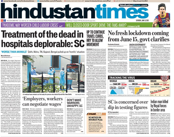 India became only the fourth country in the world -- after the United States, Brazil and Russia -- to report more than 300,000 cases of the coronavirus disease (COVID-19) on Friday. An angry Supreme Court on Friday rebuked states and hospitals across the country for the callous and insensitive manner in which they were treating coronavirus disease (COVID-19) patients and the bodies of those who had fallen victim to the disease, issuing notices to the central government and five states - Delhi, Maharashtra, West Bengal, Tamil Nadu and Gujarat - in a suo motu (on its own) case initiated by the top court.