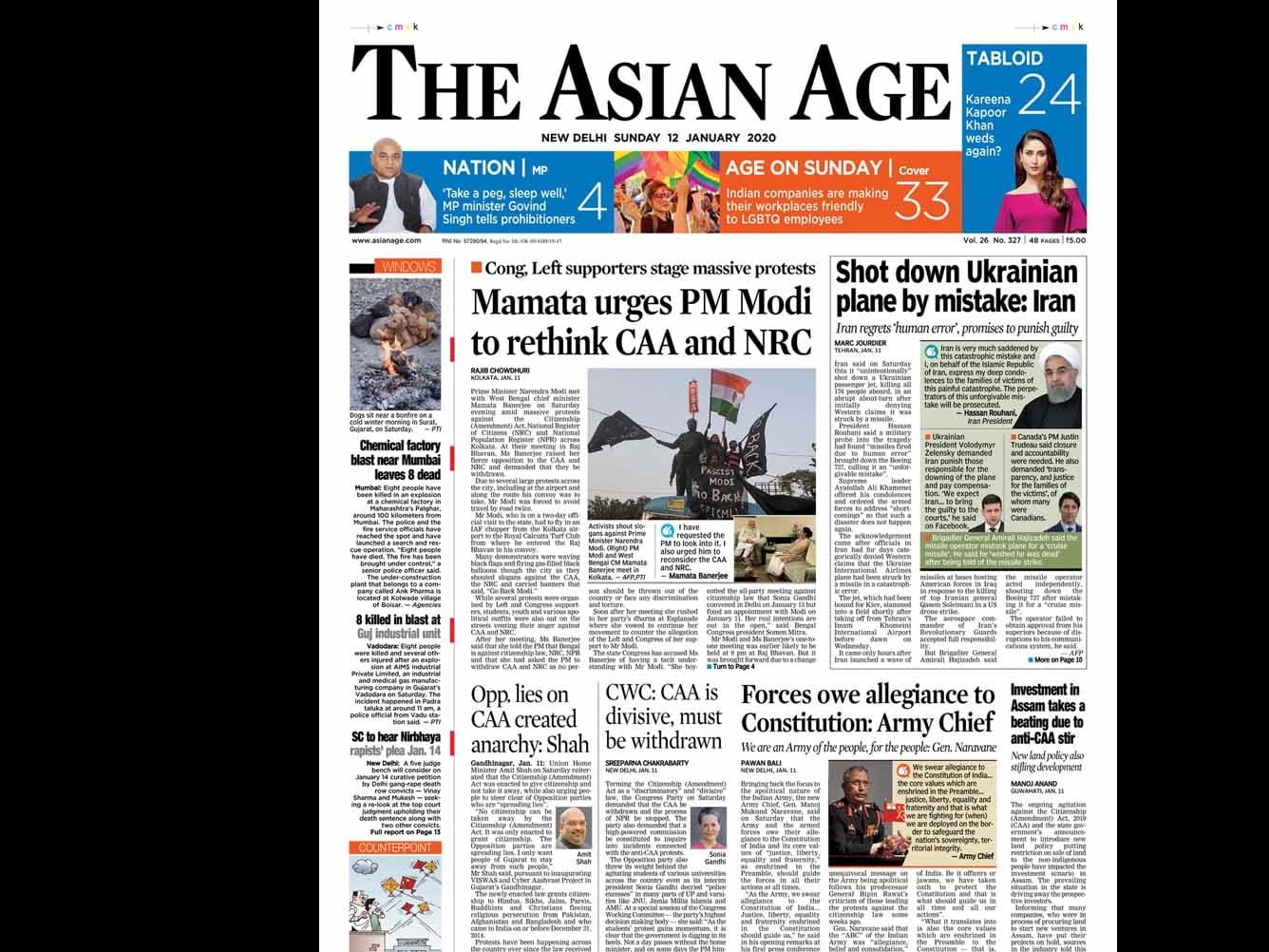West Bengal Chief Minister Mamata Banerjee asked Prime Minister Narendra Modi to rethink the controversial Citizenship Amendment Act (CAA) and the NRC. Iran said on Saturday its military had mistakenly shot down a Ukrainian plane killing all 176 aboard, saying air defences were fired in error while on high alert in the tense aftermath of Iranian missile strikes on US targets in Iraq.