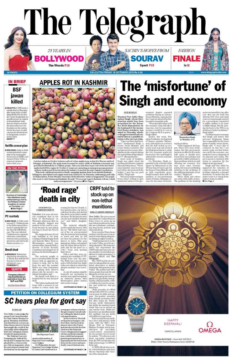 Congress leader Manmohan Singh's critique of the government's economic policies was the lead story in the Telegraph today. Asked whether the government had consulted him on the current economic crisis, he said he had "not been that fortunate," the paper reported.