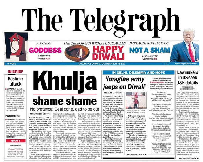 Haryana government formation and US seeking relaxation of restrictions in Jammu and Kashmir were on The Telegraph's front page.
