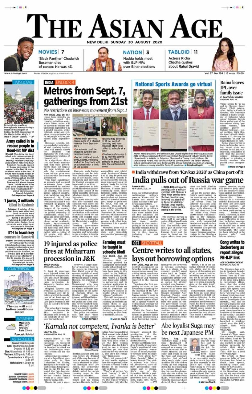 In a significant directive for Unlock4, the home ministry said that state governments shall not impose any lockdown any local lockdown outside the containment zones without prior consultation with the central government. India have withdrawn from multi-nation military exercise "Kavkaz 2020" next month as China was one of the participating countries, The Asian Age reported.