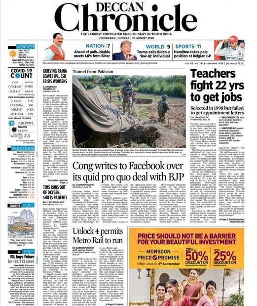 Congress leader Rahul Gandhi launched a scathing attack on against the Centre over BJP's alleged links with Facebook and WhatsApp. "America's Time magazine exposes WhatsApp-BJP nexus: Used by 40 crore Indians, WhatsApp also wants to be used for making payments for which Modi government's approval is needed. Thus, BJP has a hold over WhatsApp," he tweeted. Teachers who were selected in 1988 are still fighting to get jobs for the last 22 years, Deccan Chronicle reported.